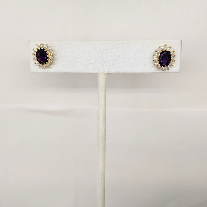 14K AMETHYST OVAL 4X6 WITH .35 DIAMOND TOTAL WEIGHT (28) ROUND ESTATE EARRINGS 3.1 GRAMS