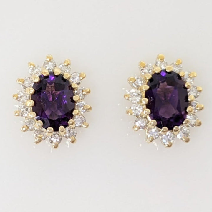 14K AMETHYST OVAL 4X6 WITH .35 DIAMOND TOTAL WEIGHT (28) ROUND ESTATE EARRINGS 3.1 GRAMS