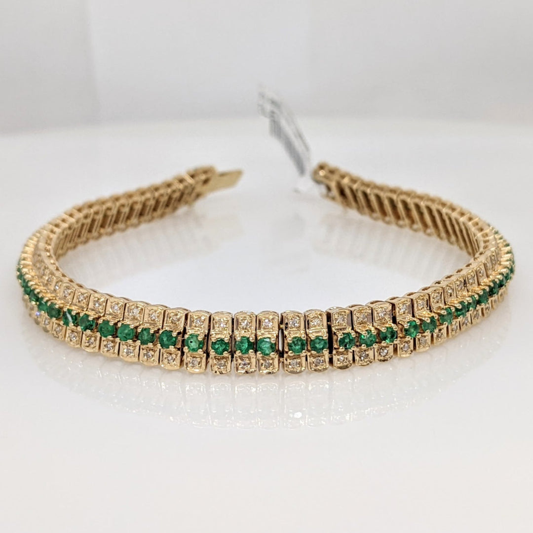 14K EMERALD ROUND (67) 2MM WITH 1.34 DIAMOND TOTAL WEIGHT ESTATE BRACELET 21.3 GRAMS