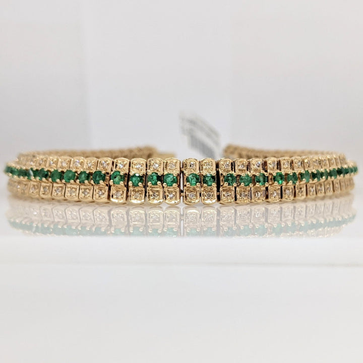 14K EMERALD ROUND (67) 2MM WITH 1.34 DIAMOND TOTAL WEIGHT ESTATE BRACELET 21.3 GRAMS