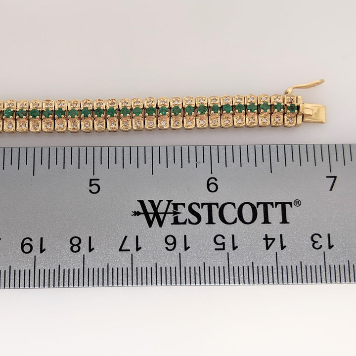 14K EMERALD ROUND (67) 2MM WITH 1.34 DIAMOND TOTAL WEIGHT ESTATE BRACELET 21.3 GRAMS