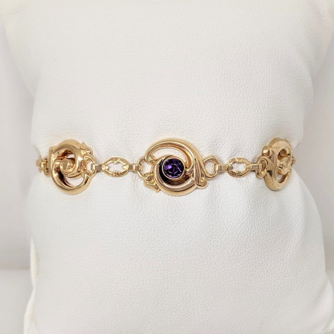 14k AMETHYST ROUND (3) BEZEL CIRCLE ESTATE BRACELET 7.8 GRAMS
