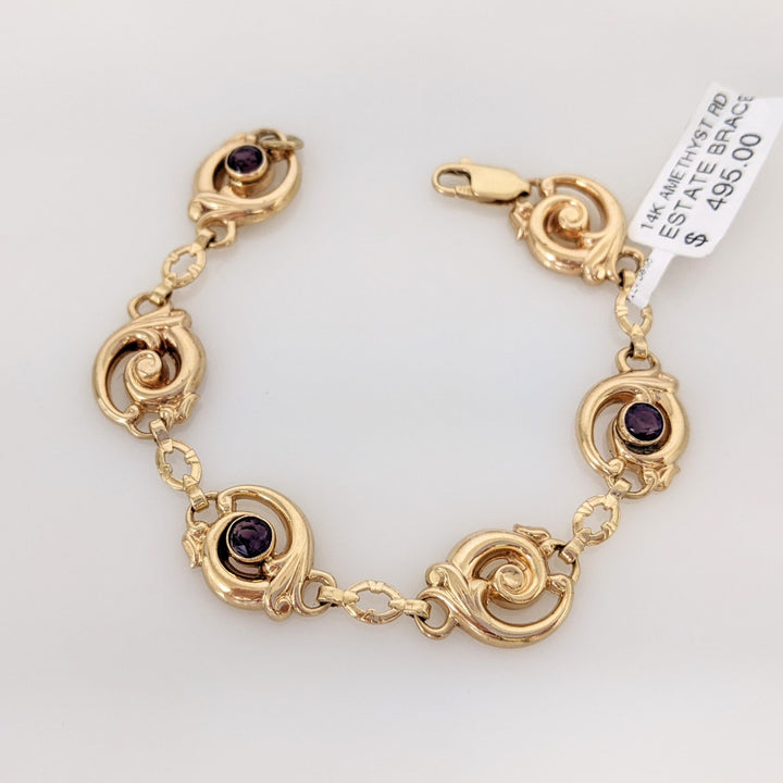14k AMETHYST ROUND (3) BEZEL CIRCLE ESTATE BRACELET 7.8 GRAMS