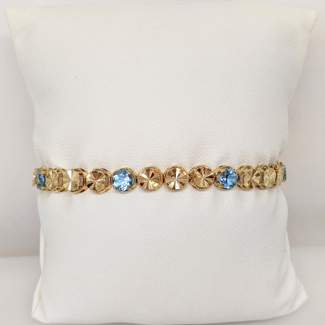 14K BLUE TOPAZ ROUND (7) 5MM TENNIS ESTATE BRACELET 10.4 GRAMS