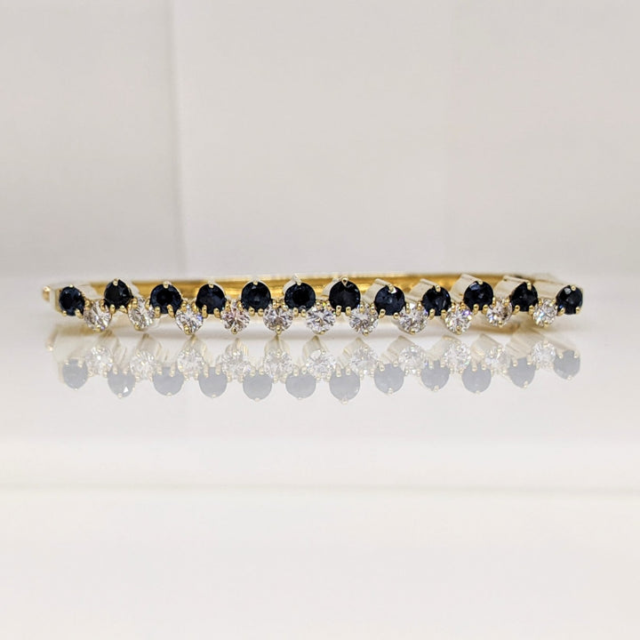 14K 1.10 CARAT TOTAL WEIGHT VS2 J DIAMOND ROUND (10) 1.00CTW SAPPHIRE ROUND (10) ESTATE BANGLE 14.6 GRAMS