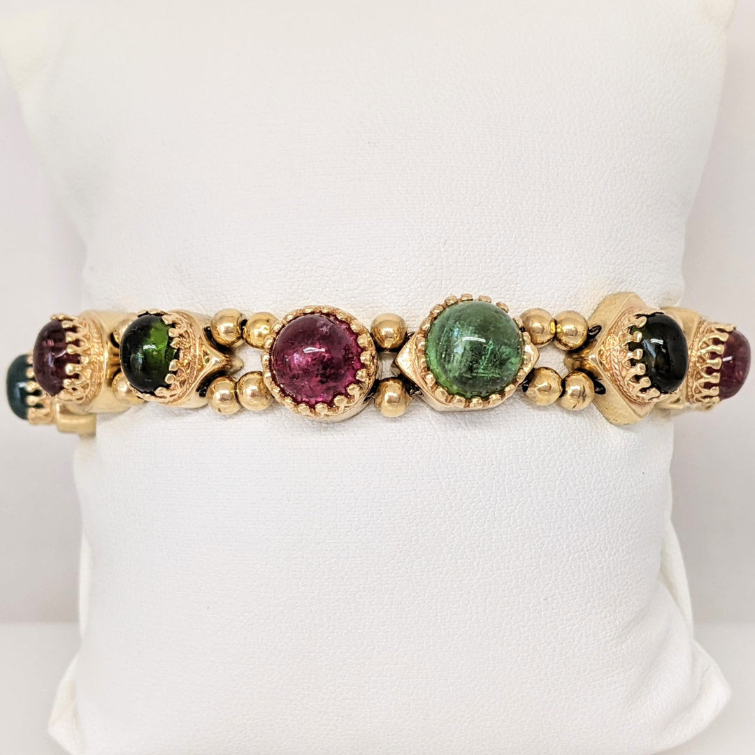 14K GREEN / PINK/ BLUE TOURMALINE (12) CABACHON ROUND AND OVAL ESTATE BRACELET 37.0 GRAMS