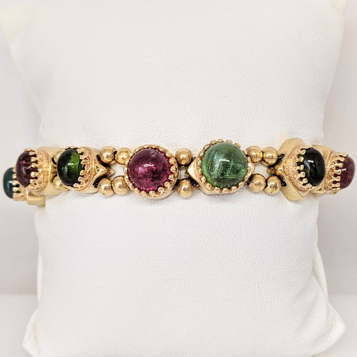 14K GREEN / PINK/ BLUE TOURMALINE (12) CABACHON ROUND AND OVAL ESTATE BRACELET 37.0 GRAMS
