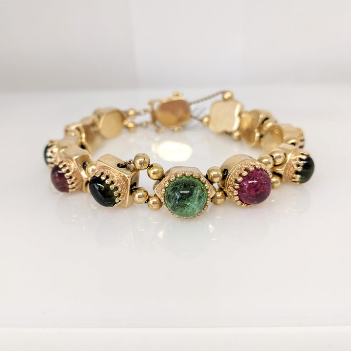 14K GREEN / PINK/ BLUE TOURMALINE (12) CABACHON ROUND AND OVAL ESTATE BRACELET 37.0 GRAMS