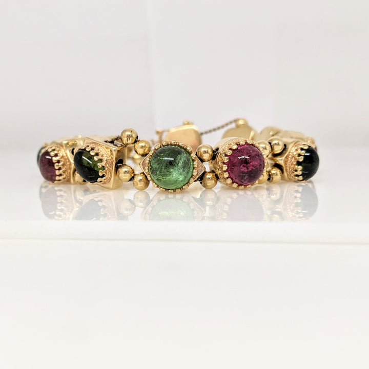 14K GREEN / PINK/ BLUE TOURMALINE (12) CABACHON ROUND AND OVAL ESTATE BRACELET 37.0 GRAMS