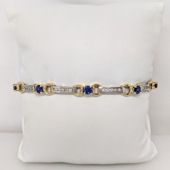 14K TWO-TONE LAB CREATED SAPPHIRE ROUND (8) 4MM WITH .67 DIAMOND CARAT TOTAL WEIGHT ESTATE BRACELET 12.7 GRAMS