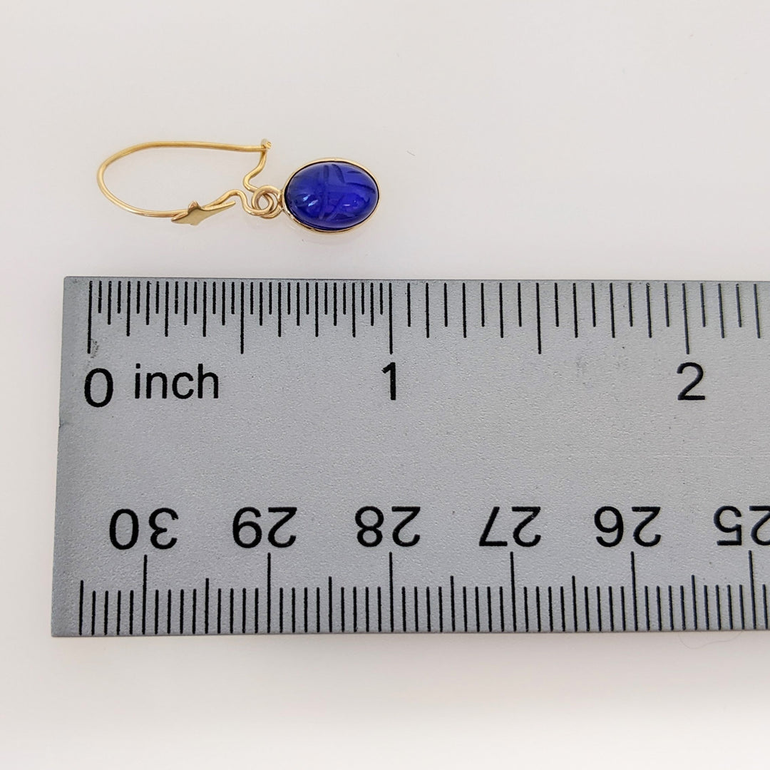 14K BLUE SCARAB OVAL 6X8 DANGLE ESTATE EARRINGS 1.4 GRAMS