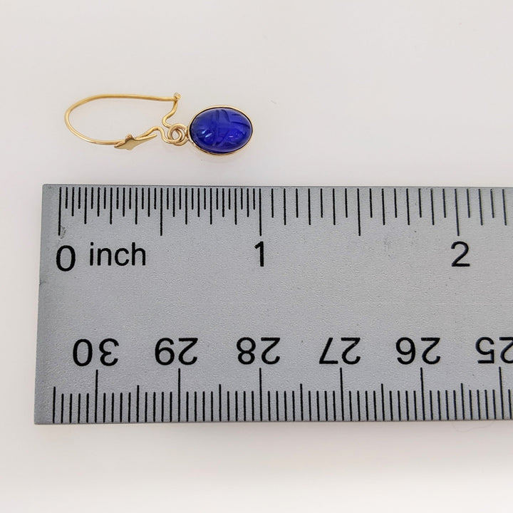 14K BLUE SCARAB OVAL 6X8 DANGLE ESTATE EARRINGS 1.4 GRAMS