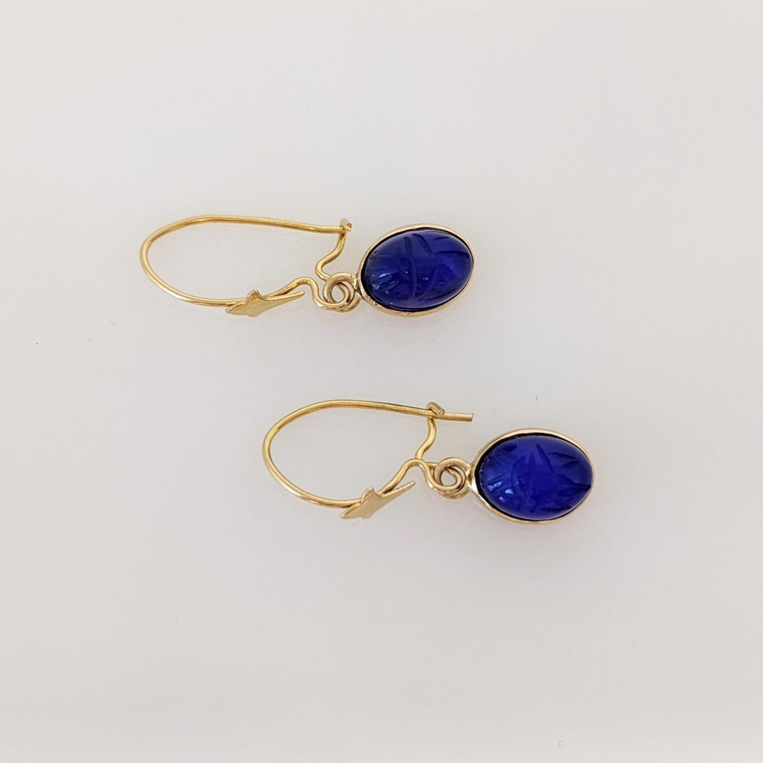 14K BLUE SCARAB OVAL 6X8 DANGLE ESTATE EARRINGS 1.4 GRAMS