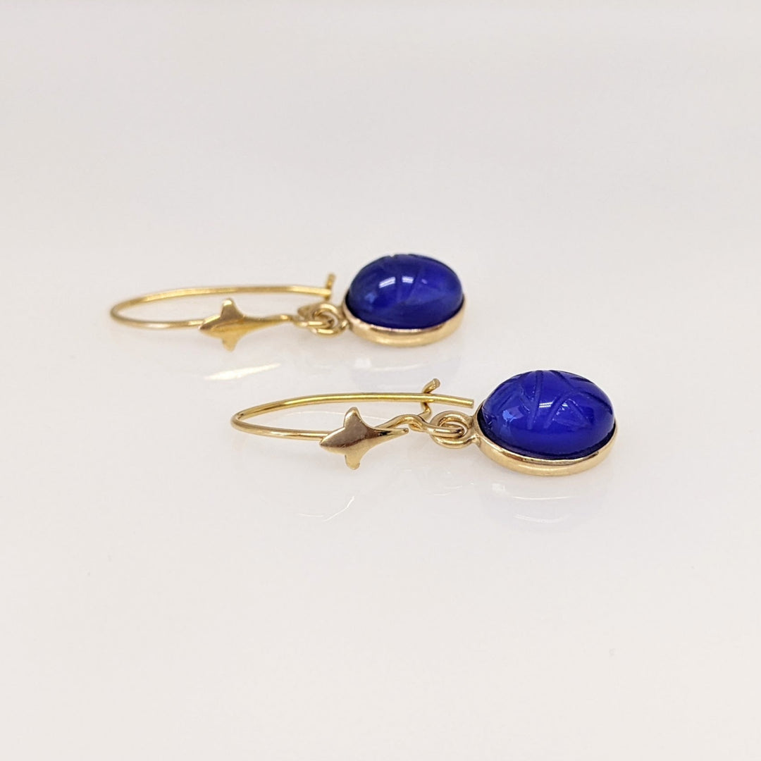 14K BLUE SCARAB OVAL 6X8 DANGLE ESTATE EARRINGS 1.4 GRAMS