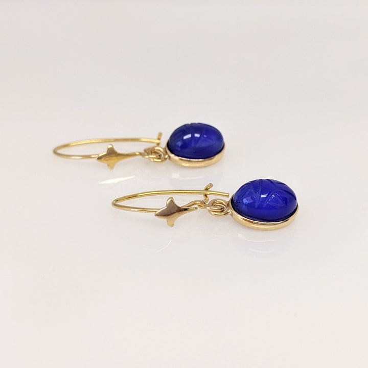 14K BLUE SCARAB OVAL 6X8 DANGLE ESTATE EARRINGS 1.4 GRAMS