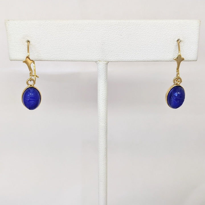 14K BLUE SCARAB OVAL 6X8 DANGLE ESTATE EARRINGS 1.4 GRAMS
