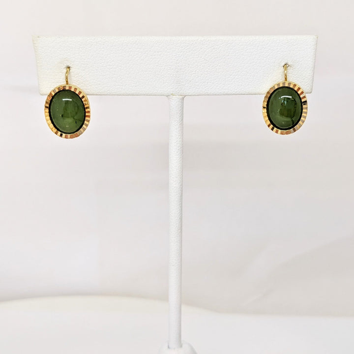 14K JADE OVAL 7X9 GOLD TRIM LEVER BACK EARRINGS ESTATE 3.4 GRAMS