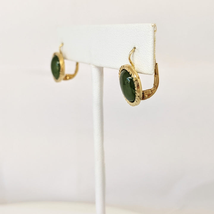 14K JADE OVAL 7X9 GOLD TRIM LEVER BACK EARRINGS ESTATE 3.4 GRAMS