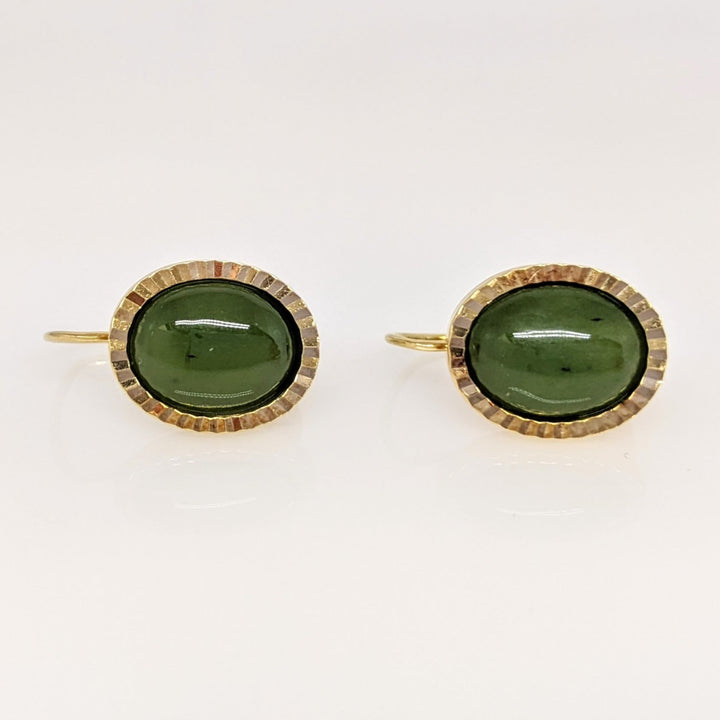 14K JADE OVAL 7X9 GOLD TRIM LEVER BACK EARRINGS ESTATE 3.4 GRAMS
