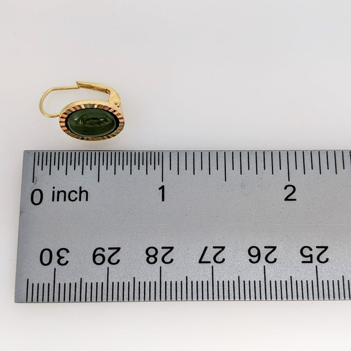 14K JADE OVAL 7X9 GOLD TRIM LEVER BACK EARRINGS ESTATE 3.4 GRAMS