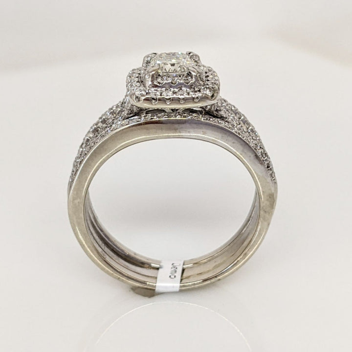 14K WHITE .96 CARAT TOTAL WEIGHT SI2-I1I-H DIAMOND CUSHION CUT WITH (100) ROUND ESTATE RING 6.8 GRAMS