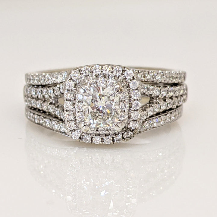 14K WHITE .96 CARAT TOTAL WEIGHT SI2-I1I-H DIAMOND CUSHION CUT WITH (100) ROUND ESTATE RING 6.8 GRAMS