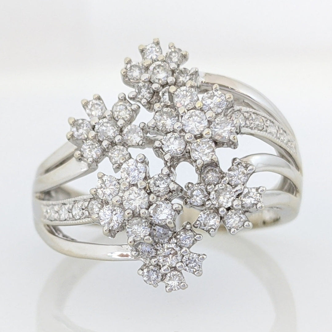 14K WHITE 1.13 CARAT TOTAL WEIGHT I1 G DIAMOND ROUND (50) SIX-CLUSTER FLORAL ESTATE RING 5.6 GRAMS