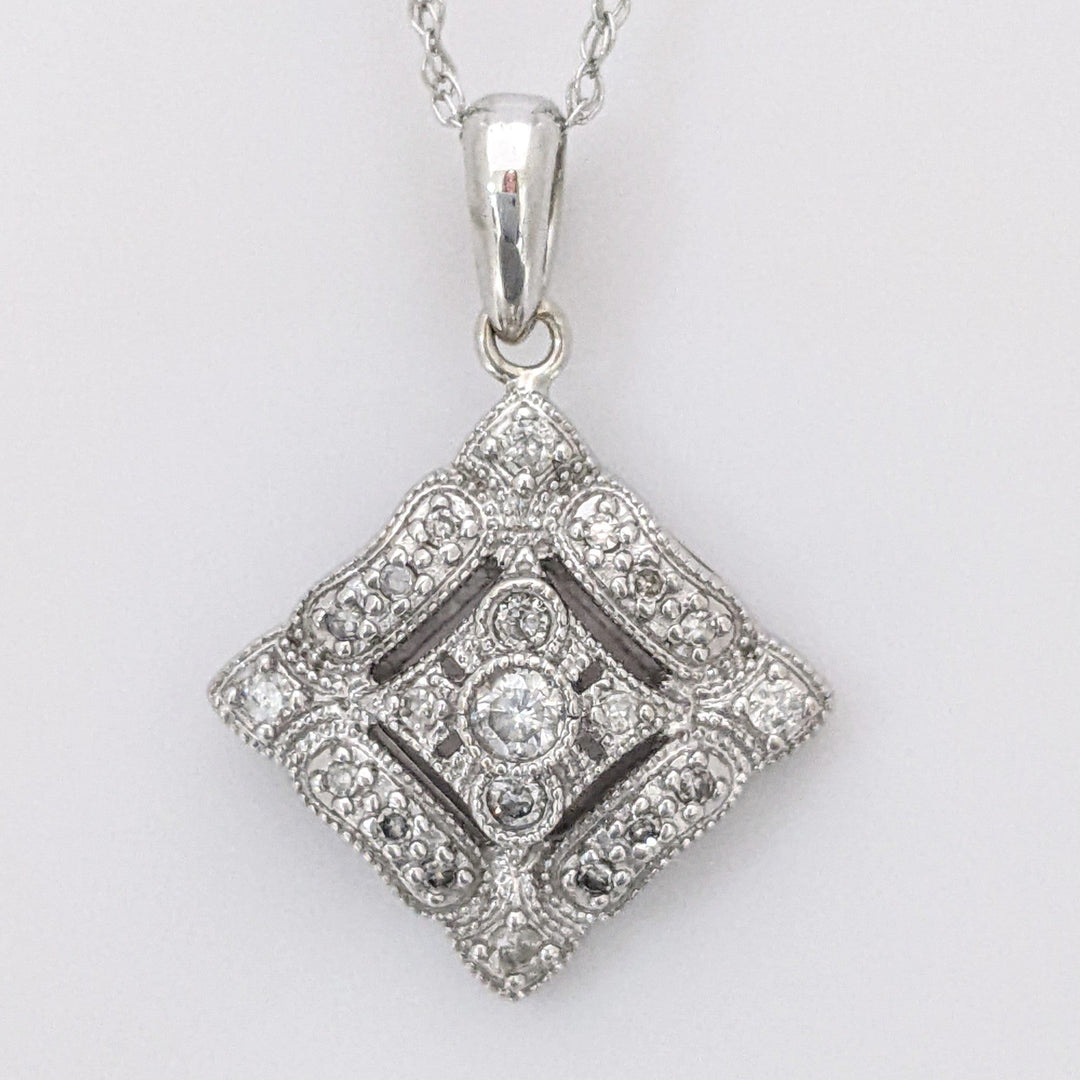 14K WHITE DIAMOND ROUND MELEE SQUARE PENDANT & CHAIN 3.1 GRAMS