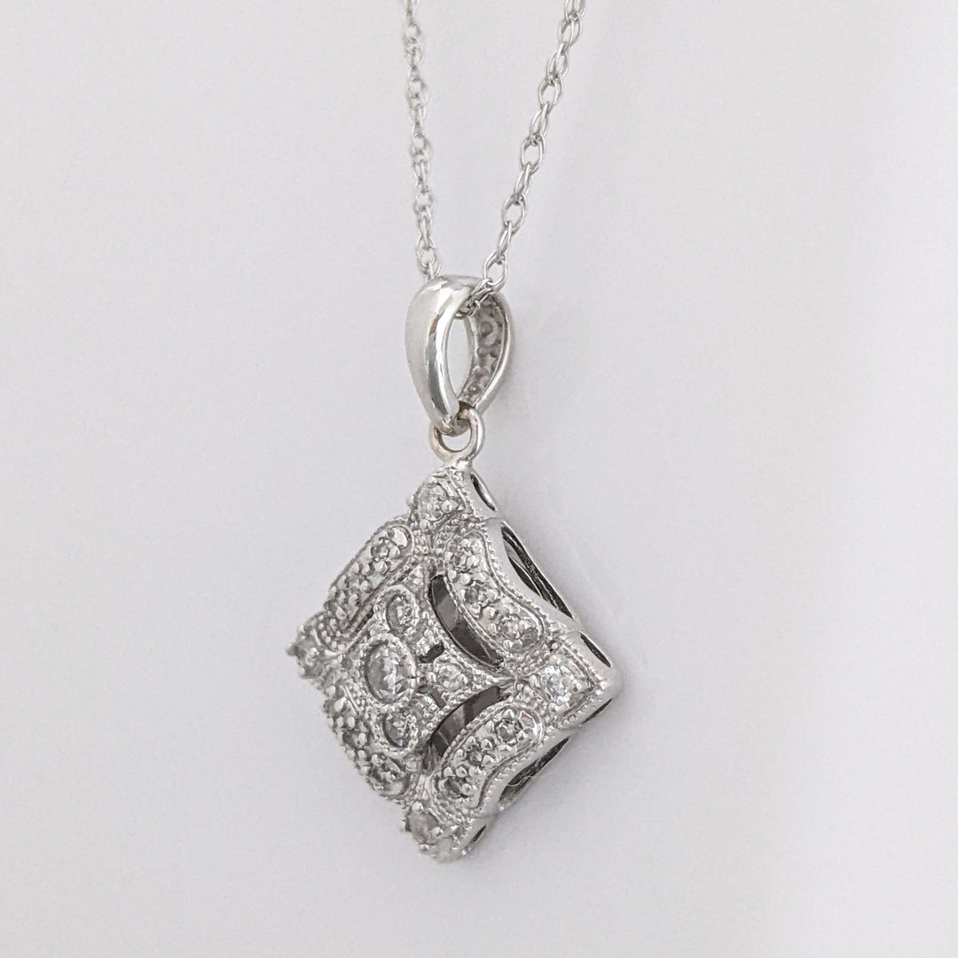 14K WHITE DIAMOND ROUND MELEE SQUARE PENDANT & CHAIN 3.1 GRAMS