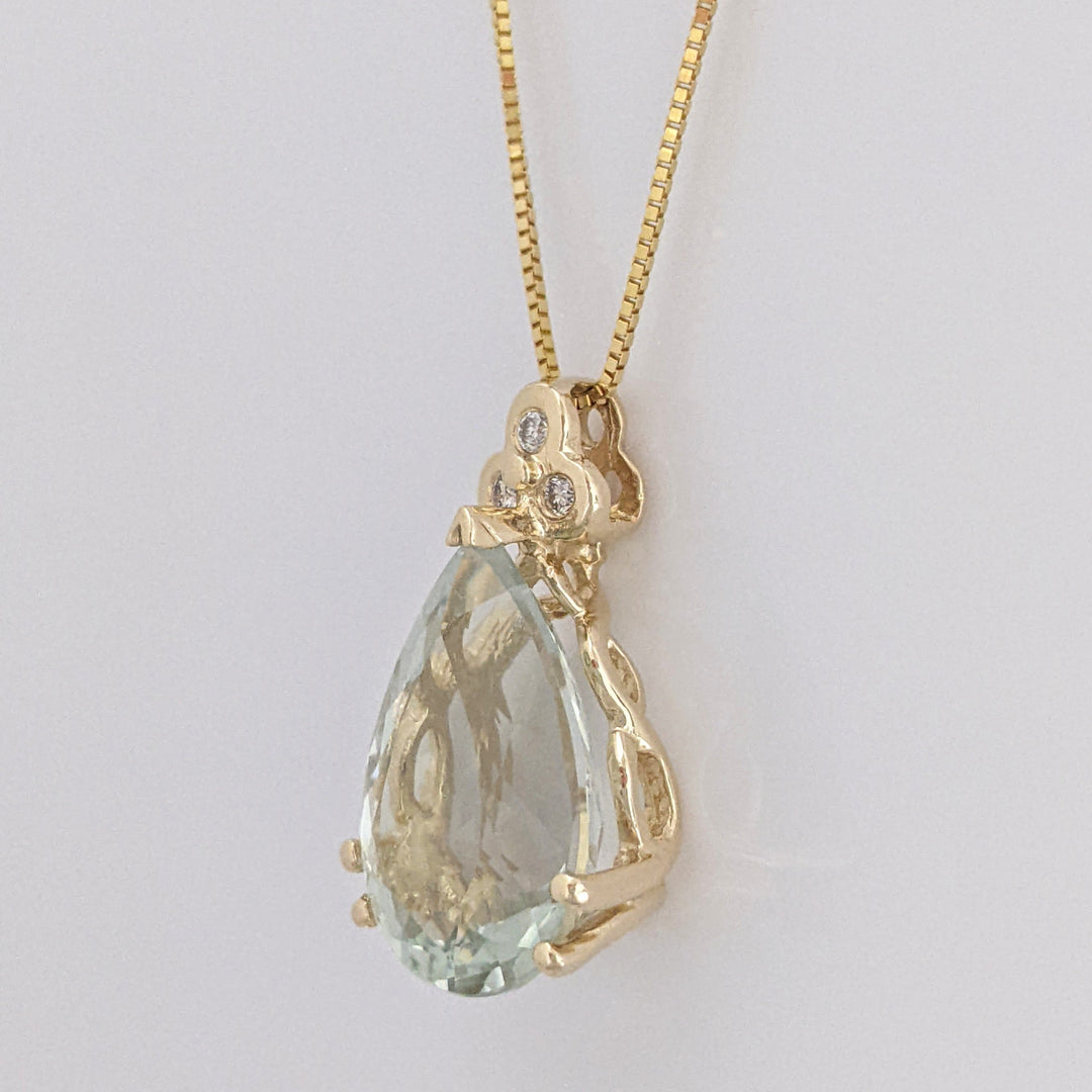 14K GREEN QUARTZ PEAR 13X18 WITH (3) MELEE ESTATE PENDANT & CHAIN 6.6 GRAMS