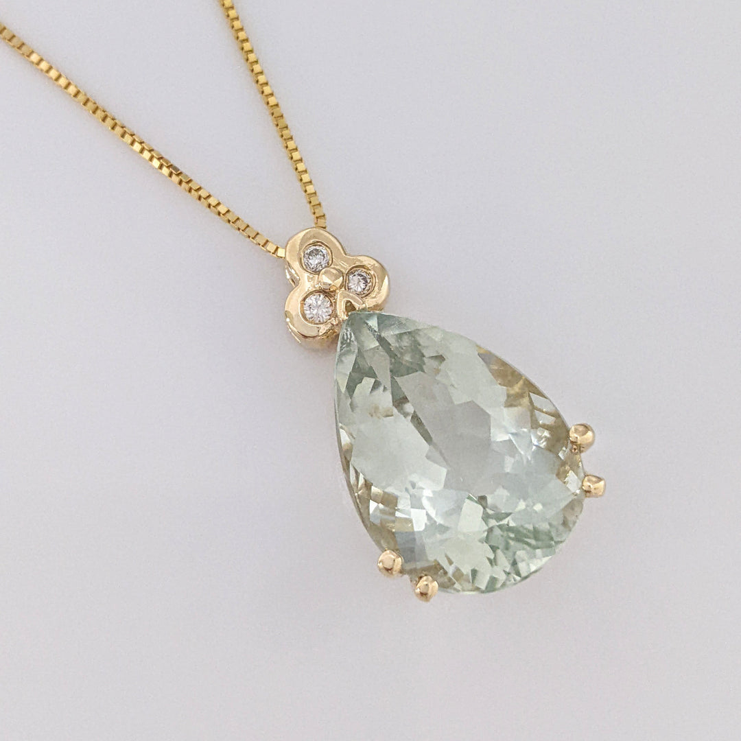 14K GREEN QUARTZ PEAR 13X18 WITH (3) MELEE ESTATE PENDANT & CHAIN 6.6 GRAMS