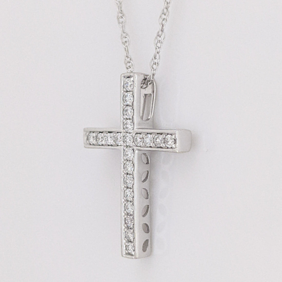 14K WHITE .15 CARAT TOTAL DIAMOND ROUND CROSS ESTATE PENDANT & CHAIN 3.6 GRAMS