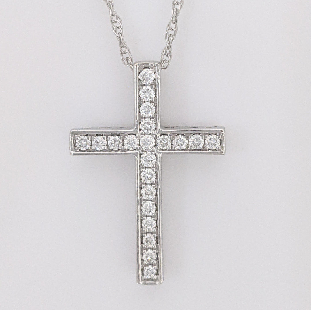 14K WHITE .15 CARAT TOTAL DIAMOND ROUND CROSS ESTATE PENDANT & CHAIN 3.6 GRAMS