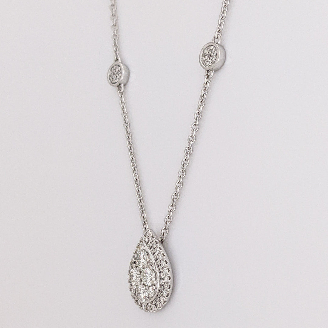 14K WHITE .42 CARAT TOTAL WEIGHT SI1 H-J DIAMOND ROUND (62) HALO PEAR ESTATE NECKLACE 3.7 GRAMS