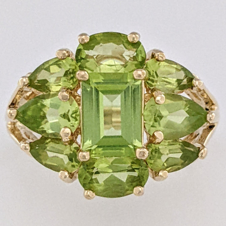 14K PERIDOT EMERALD CUT 5X7 (1) OVAL (2) PEAR (6) ESTATE RING 4.5 GRAMS