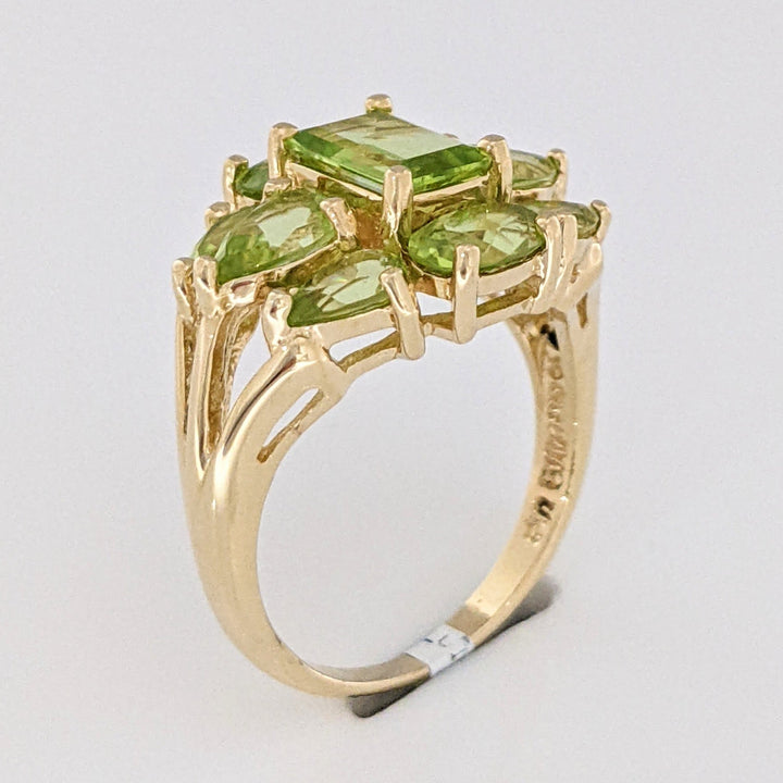 14K PERIDOT EMERALD CUT 5X7 (1) OVAL (2) PEAR (6) ESTATE RING 4.5 GRAMS