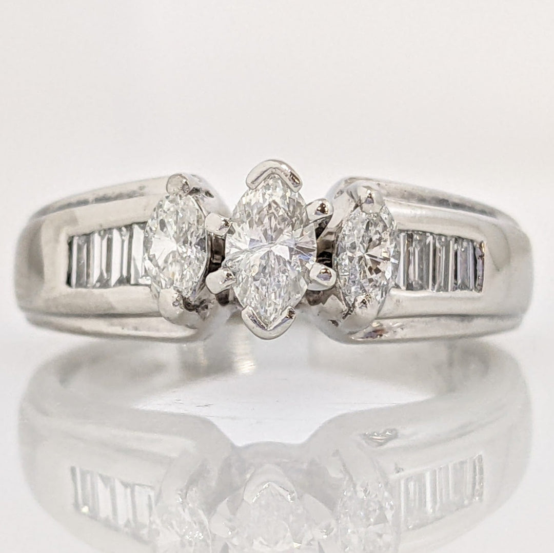 PLATINUM 1.06 CARAT TOTAL WEIGHT SI2 G-H MARQUISE DIAMOND WITH (12) BAGUETTE ESTATE RING 6.4 GRAMS