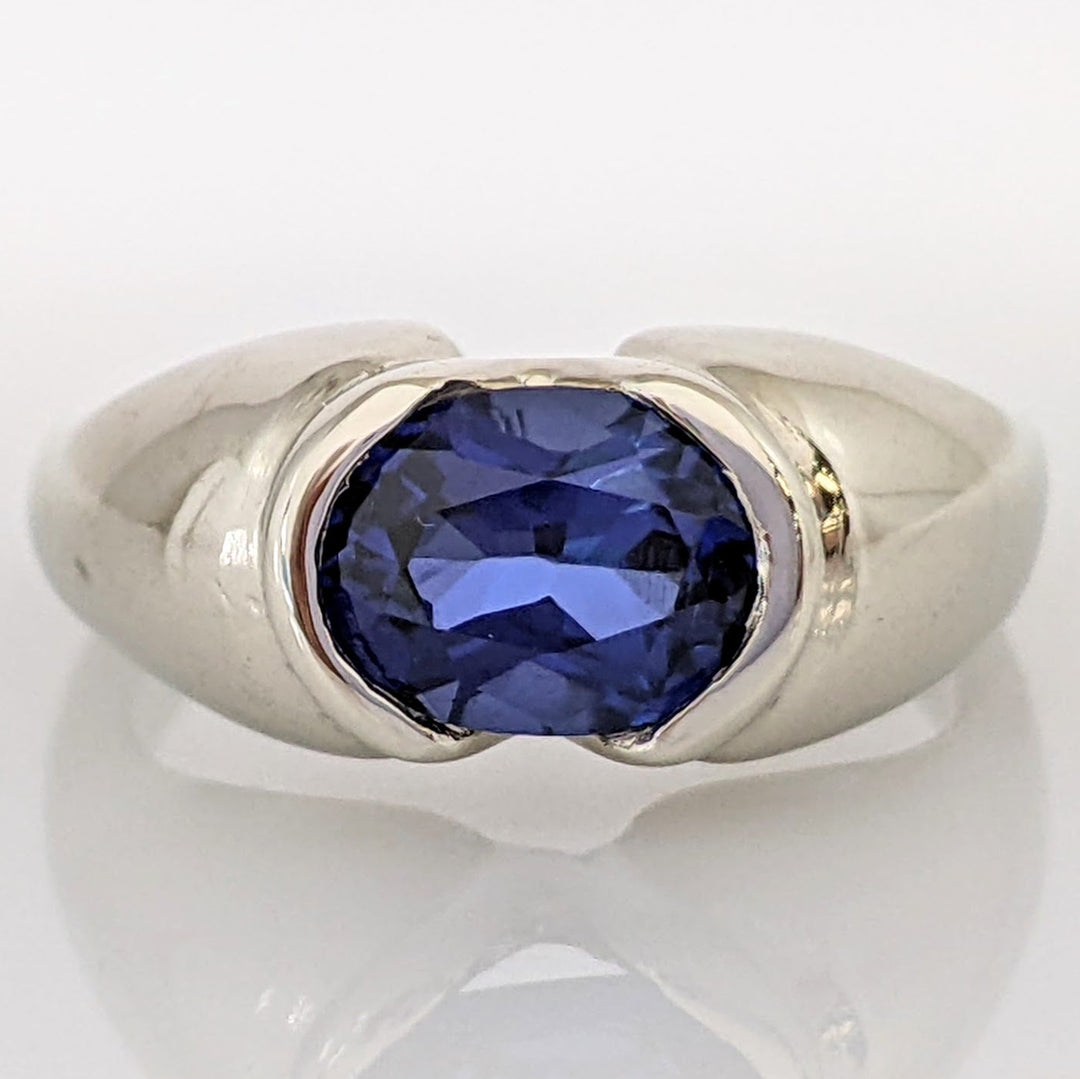 14K WHITE LAB-CREATED SAPPHIRE OVAL 6X7 HALF-BEZEL ESTATE RING 6.4 GRAMS