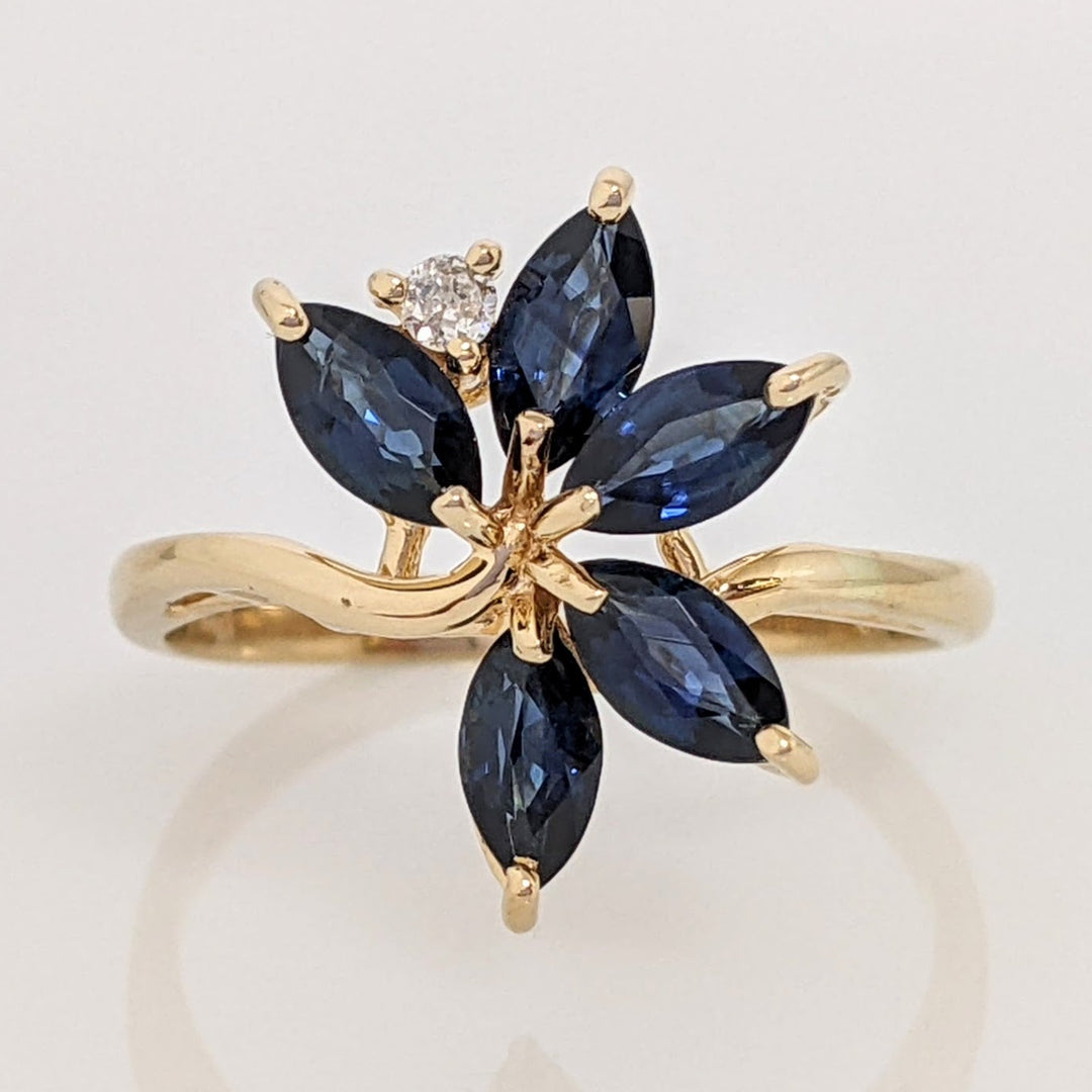 14K SAPPHIRE MARQUISE (5) 2.5X5 WITH MELEE ESTATE RING 2.9 GRAMS