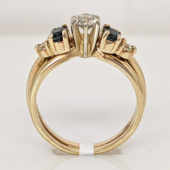 14K .26 CARAT TOTAL WEIGHT I1 G DIAMOND ROUND (3) WITH (2) 3X4 SAPPHIRE OVAL ESTATE RING/SET 3.9 GRAMS