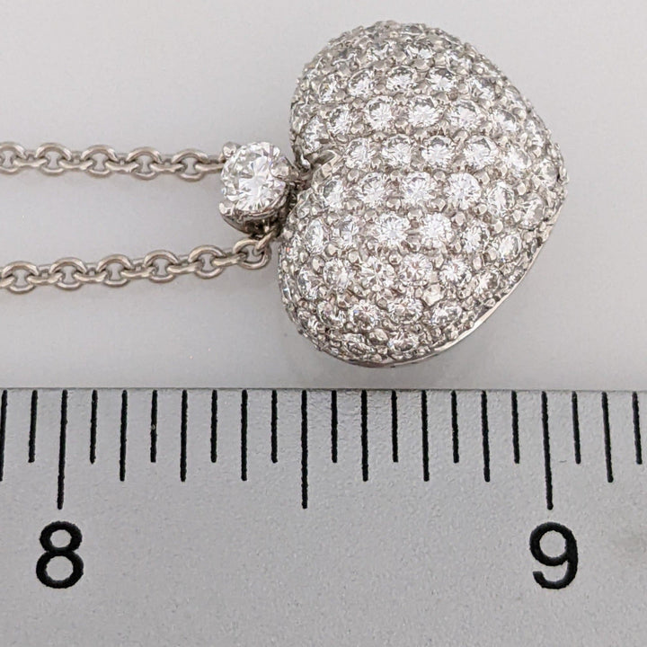 18K WHITE 2.85 CARAT TOTAL WEIGHT SI2 H DIAMOND ROUND (91) PUFF HEART NECKLACE 11.8 GRAMS