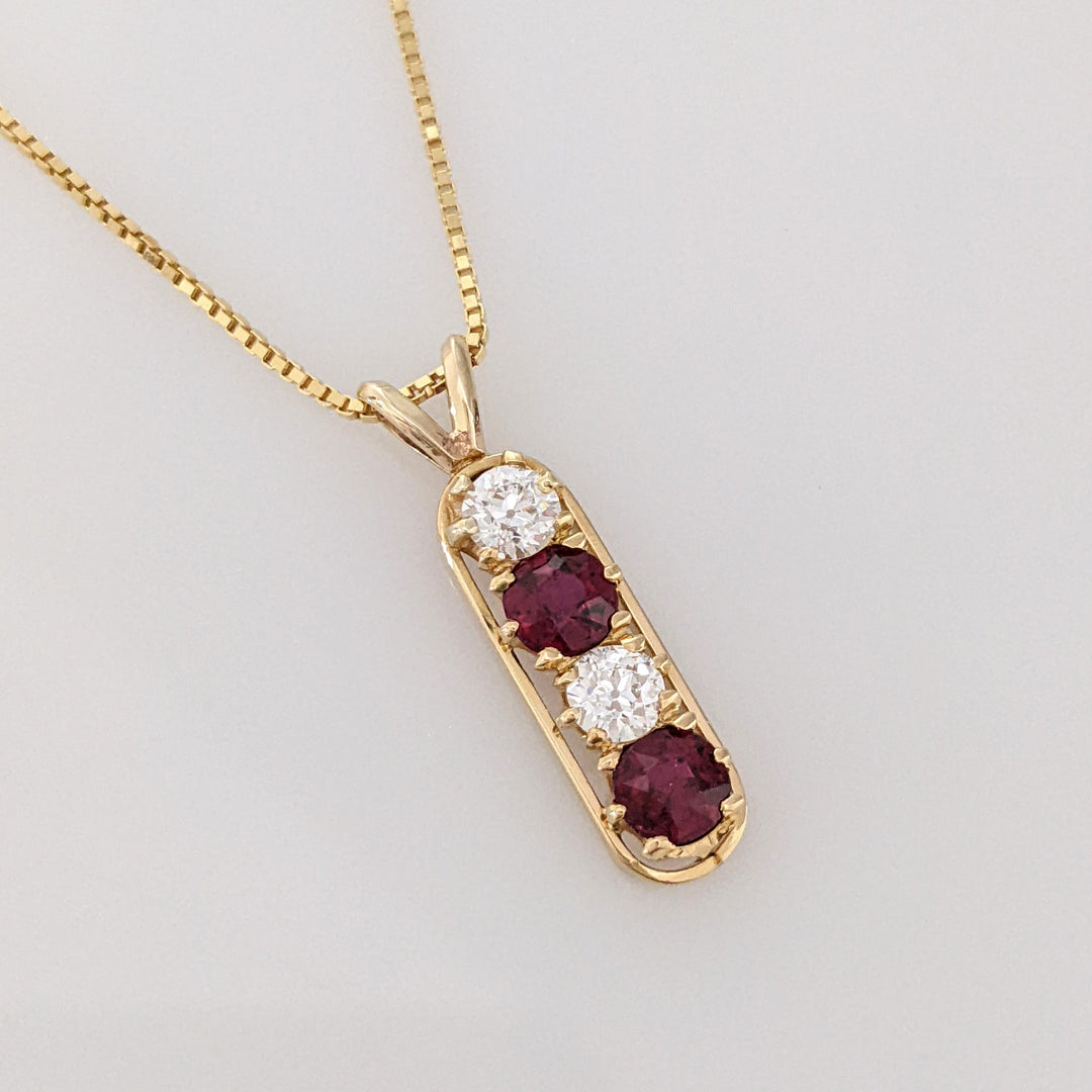 14K RUBY ROUND 4.5MM (2) DIAMOND ROUND (2) .46 DIAMOND TOTAL WEIGHT ESTATE PENDANT & CHAIN 4.3 GRAMS