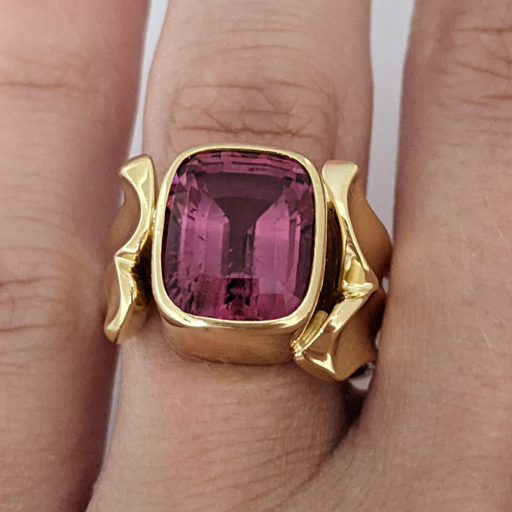 18K PINK TOURMALINE CUSHION CUT 9X11 BEZEL SET ESTATE RING 11.4 GRAMS