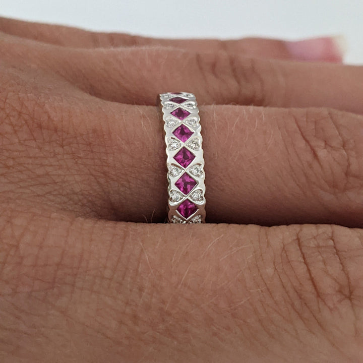14K WHITE RUBY .99 CARAT TOTAL WEIGHT PRINCESS CUT WITH .14 CARAT TOTAL WEIGHT ESTATE BAND 3.9 GRAMS
