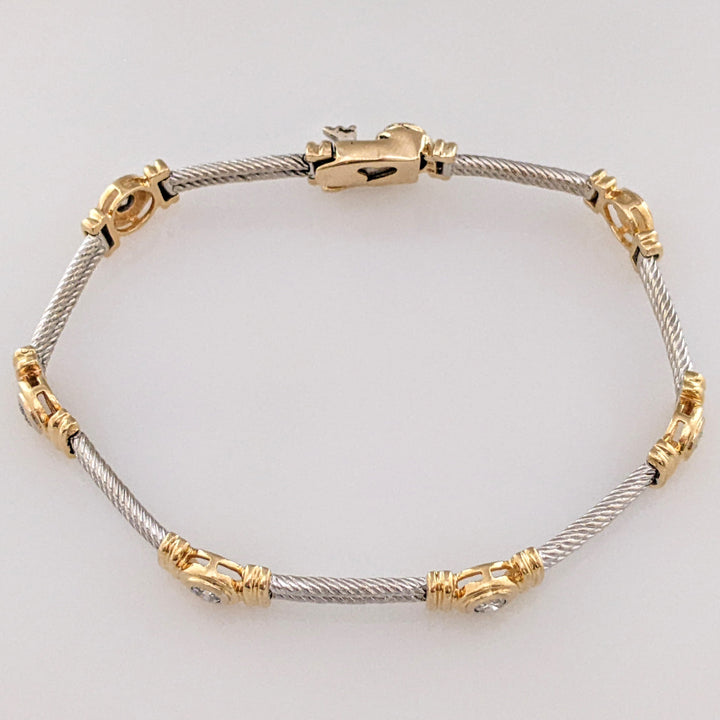 14K TWO-TONE 1.05 CARAT TOTAL WEIGHT SI2 H DIAMOND ROUND (7) BEZEL SET ESTATE BRACELET 20.7 GRAMS