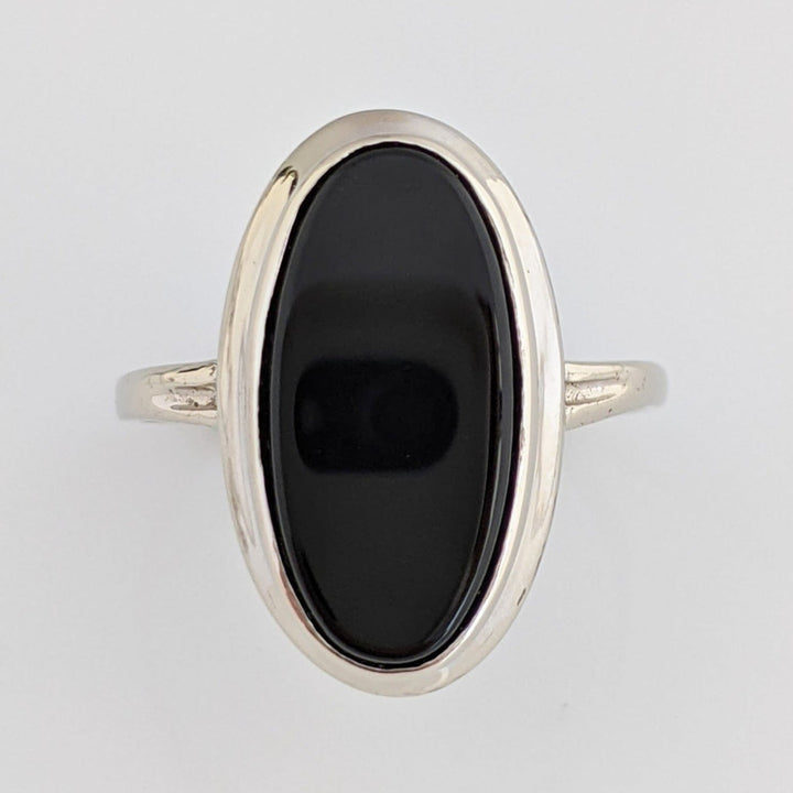 14K WHITE ONYX OVAL 7X18 WITH GOLD TRIM ESTATE RING 2.9 GRAMS