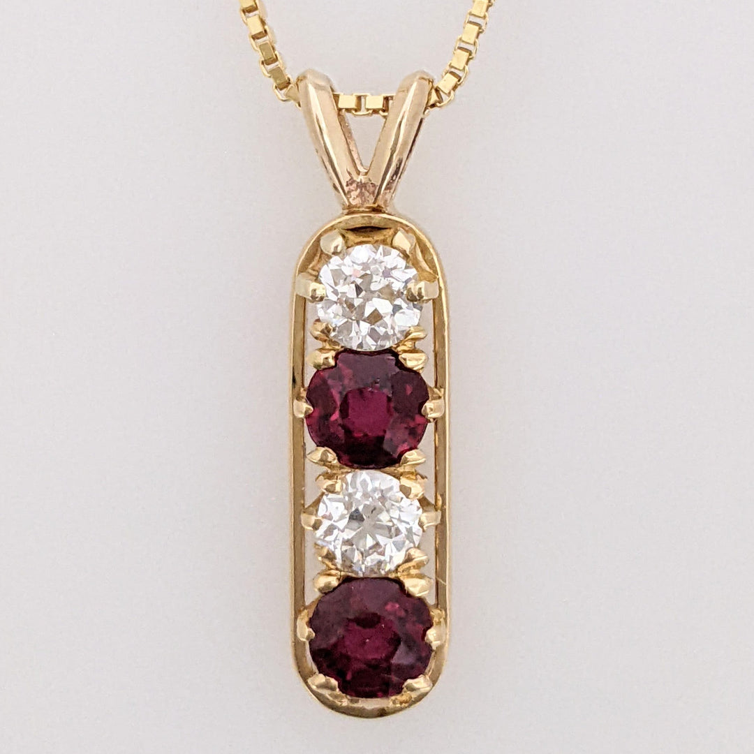 14K RUBY ROUND 4.5MM (2) DIAMOND ROUND (2) .46 DIAMOND TOTAL WEIGHT ESTATE PENDANT & CHAIN 4.3 GRAMS