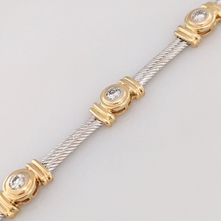 14K TWO-TONE 1.05 CARAT TOTAL WEIGHT SI2 H DIAMOND ROUND (7) BEZEL SET ESTATE BRACELET 20.7 GRAMS
