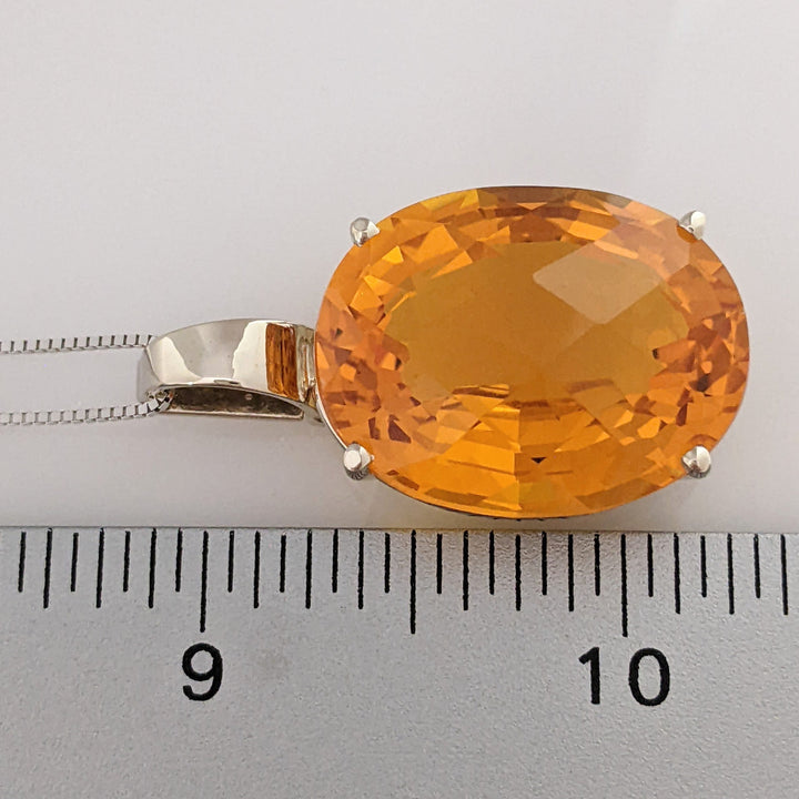14K WHITE CITRINE OVAL 20X25 "AAA" CHECKERBOARD ESTATE PENDANT 7 CHAIN 14.9 GRAMS