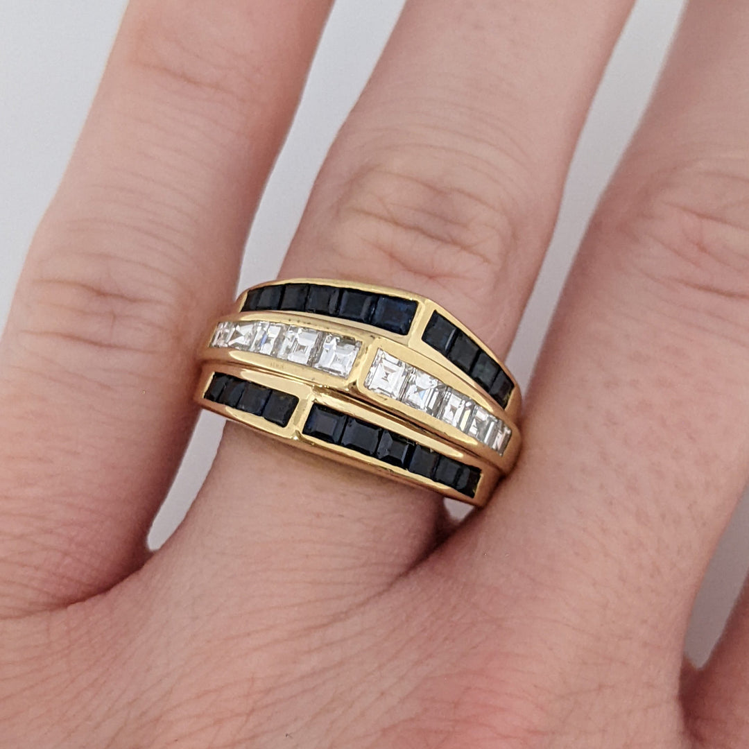 18K SAPPHIRE PRINCESS CUT (20) 2MM WITH .84 DIAMOND TOTAL WEIGHT (10) PRINCESS CUT ESTATE RING 11.0 GRAMS